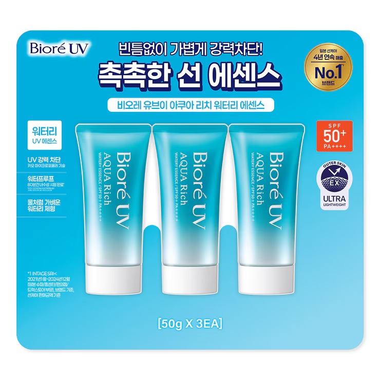 Biore UV Aqua Rich Watery Essence SPF50+ PA++++ (50g x 3-Pack) - World's First Micro Defense Formula