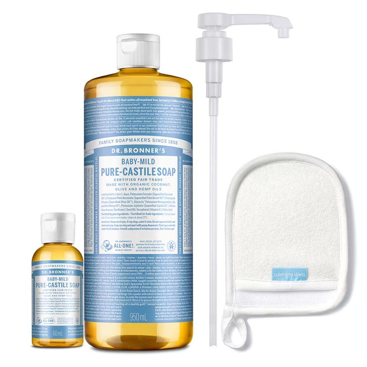 Dr. Bronner's Baby Unscented Pure-Castile Liquid Soap Set (950ml + 60ml) - Organic & Fair Trade