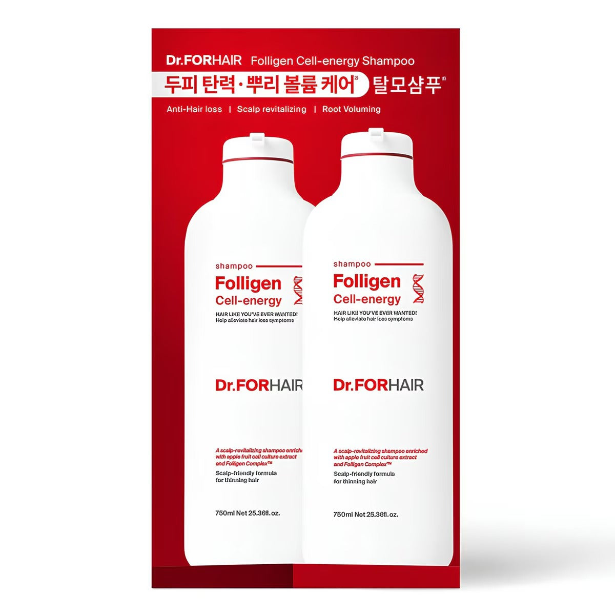 Dr.FORHAIR Folligen Cell Energy Shampoo Jumbo Set (750ml x 2 + 100ml x 2) - Scalp Nutrition & Hair Loss Relief