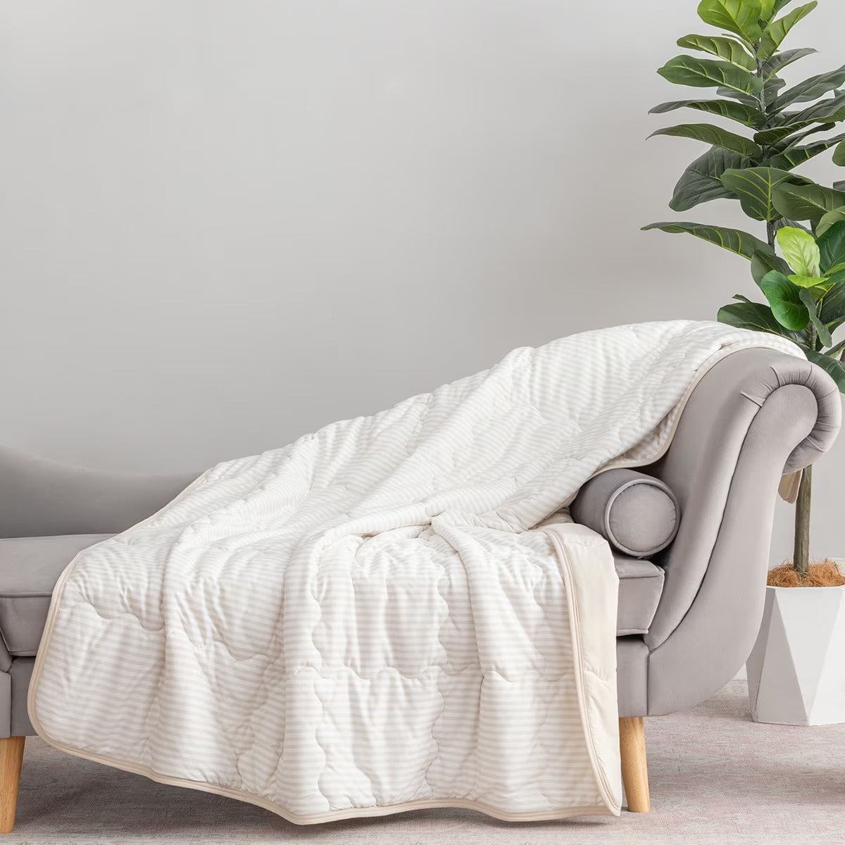 Berkshire Premium Reversible Cooling Throw - Beige Stripe & Crisp White