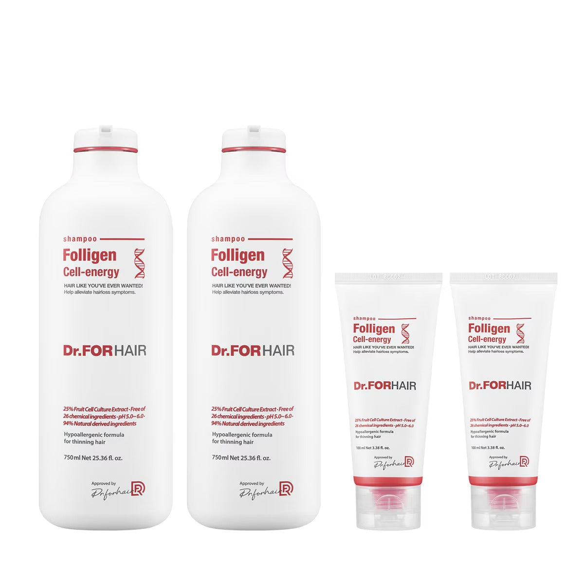 Dr.FORHAIR Folligen Cell Energy Shampoo Jumbo Set (750ml x 2 + 100ml x 2) - Scalp Nutrition & Hair Loss Relief