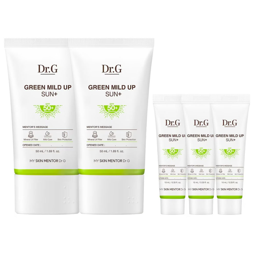 Dr.G Green Mild Up Sun+ SPF50+ PA++++ (50ml x 2 + 10g x 3 Set) - Zinc Oxide Mineral Sunscreen for Sensitive Skin