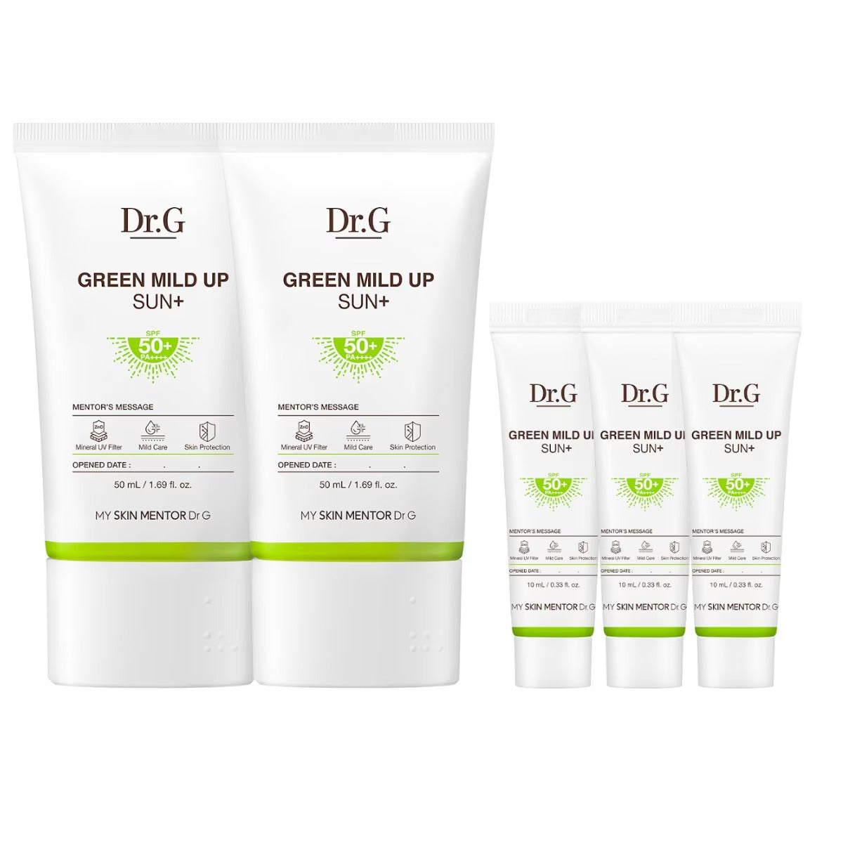 Dr.G Green Mild Up Sun+ SPF50+ PA++++ (50ml x 2 + 10g x 3 Set) - Zinc Oxide Mineral Sunscreen for Sensitive Skin